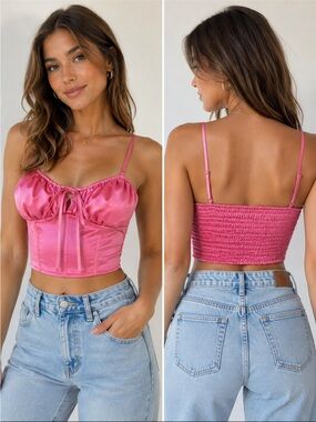 La Hearts Pink Satin Ruched Crop Cami